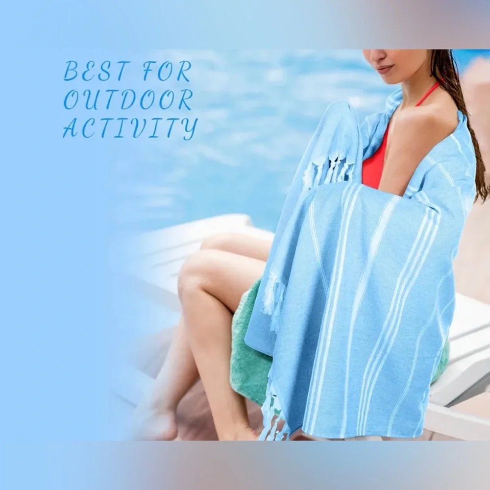 Turkish Turquoise Striped Beach Towel. 100% cotton. Large size.